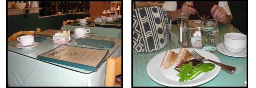 The inside of the tea room, menu on the counter and lunch at the table